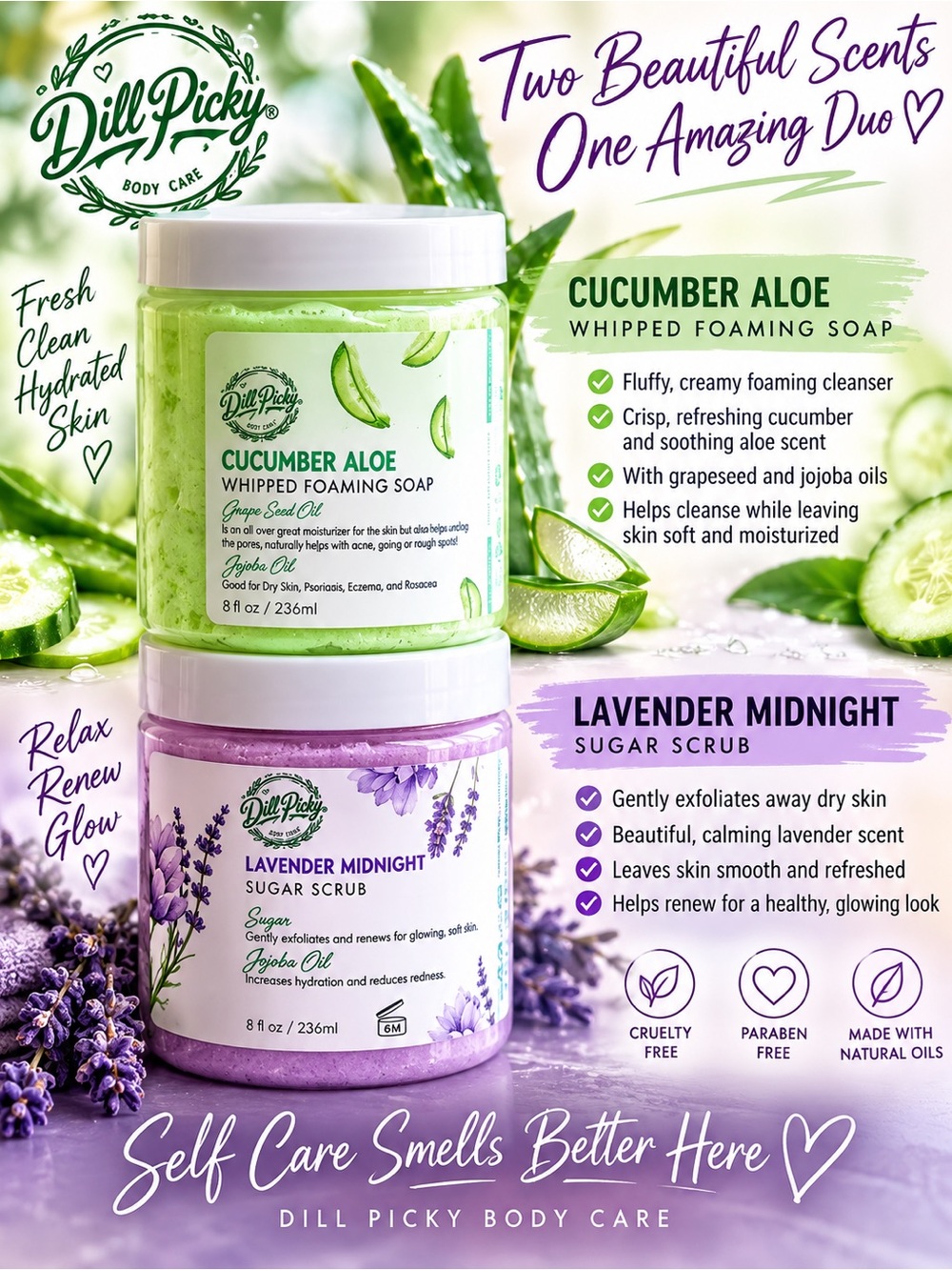 Dill Picky Cucumber Aloe Whipped Soap & Lavender Midnight Sugar Scrub Duo